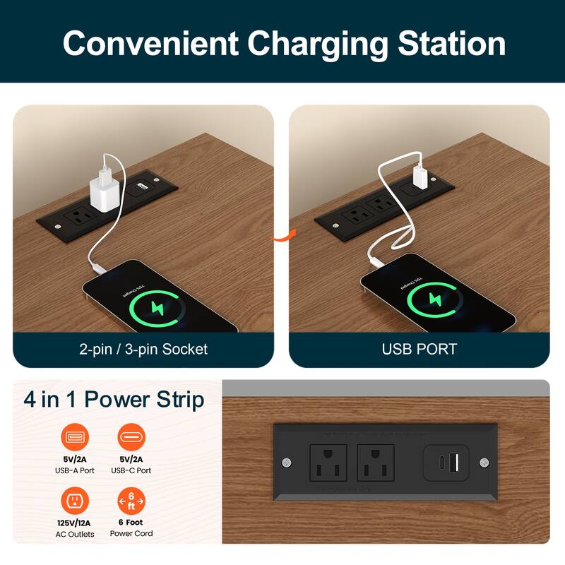 Nightstand Set of 2 with Charging Station and Solid Wood Legs