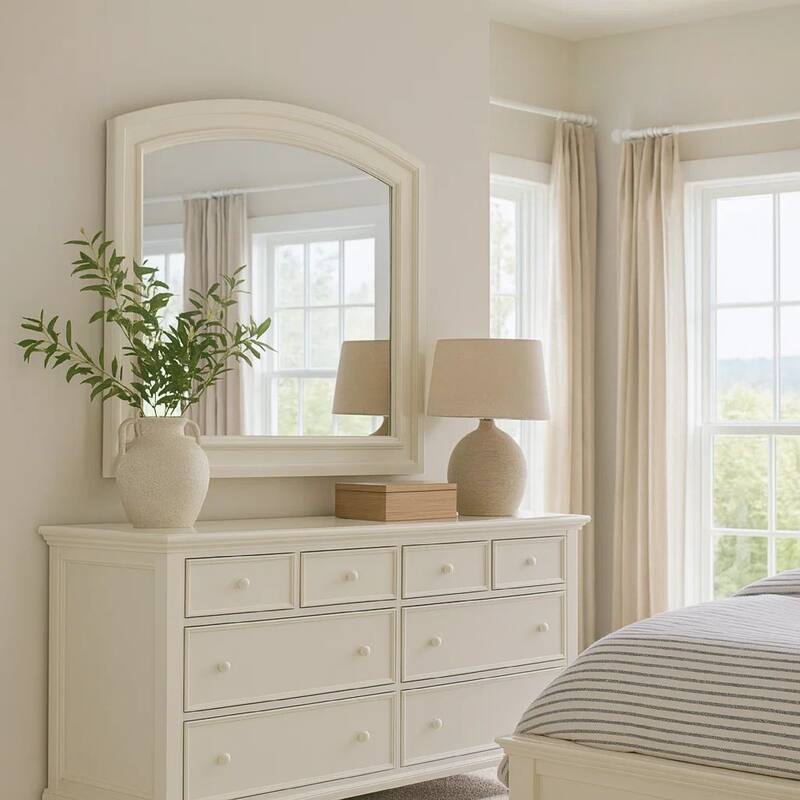 Wooden Mirror with Raised Edges and Curved Top, White