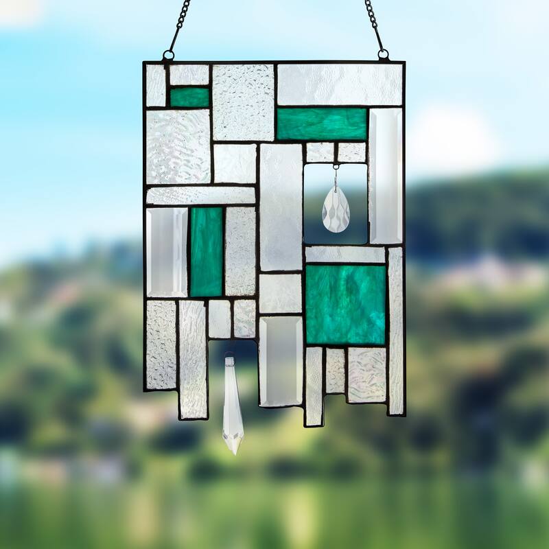 Geometric River of Goods Stained Glass Window Panel with Crystals