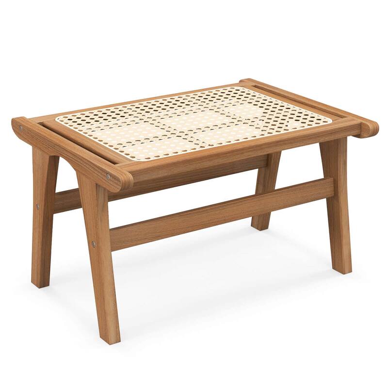 1/2 PCS Ottoman Footstool Natural Teak Wooden Foot Rest w/ Rattan - 1 PCS