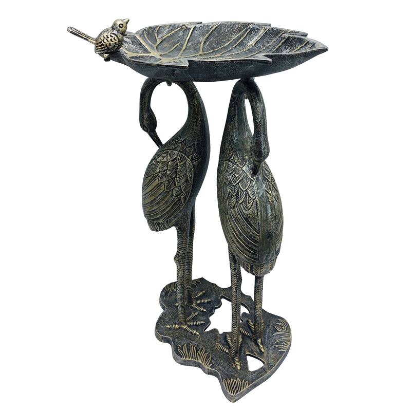 Cast Aluminum 30-in Twin Crane Bird Bath with Leaf Bowl