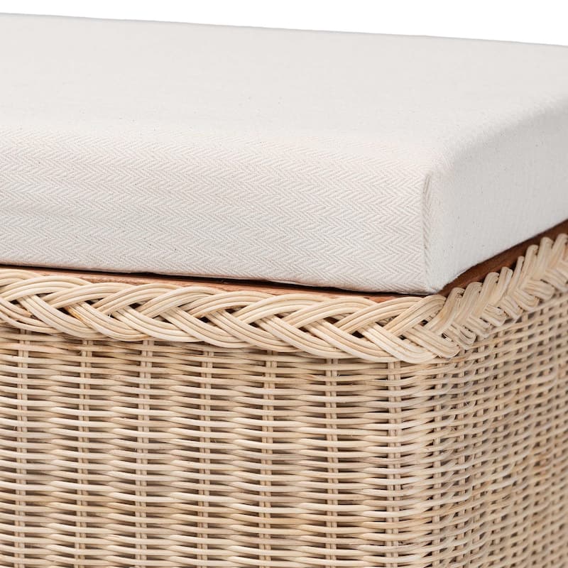 Barid Braided Natural Rattan Storage Bench with Lift-Top - Coastal Boho Chest for Bedroom or Living Room, Natural