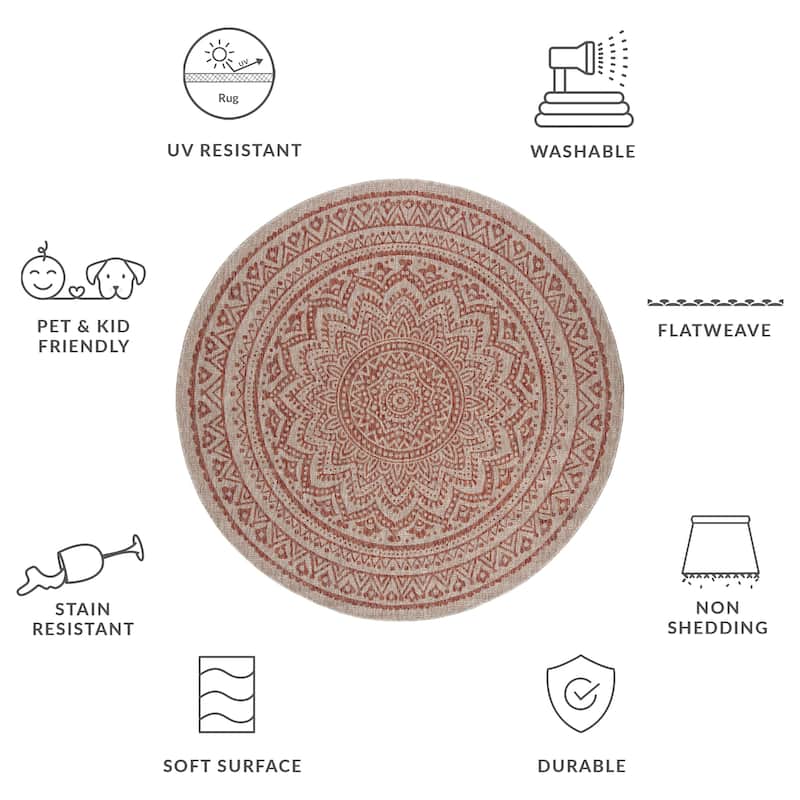 SAFAVIEH Courtyard Deepa Mandala Indoor /Outdoor Waterproof Patio Backyard Rug - 6'7" Round - Light Beige/Terracotta