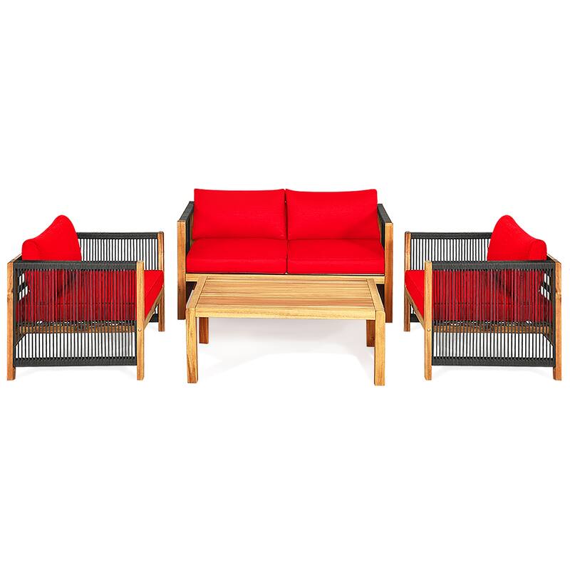 Costway 8PCS Wooden Patio Furniture Set Cushioned Sofa W/Rope Armrest