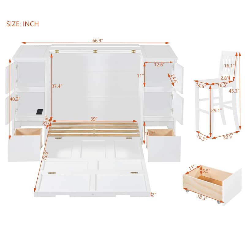 Modern Style Murphy Bed with Drawers, Cabinets and USB Ports for Bedroom