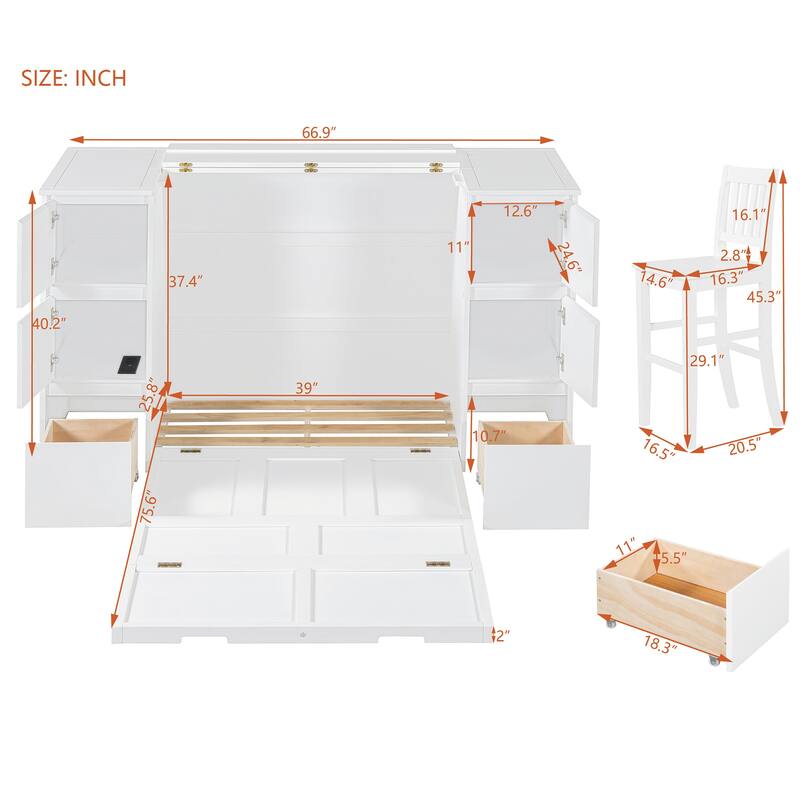 Murphy Bed with Drawers, Cabinets, USB Ports