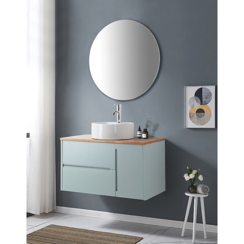 36" Blue Wall-Mounted Bathroom Vanity with Drawers, Top and Mirror - Blue