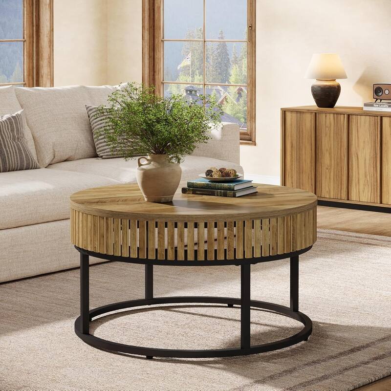 31.5-Inch Brown MDF Coffee Table, Round Industrial Center Table