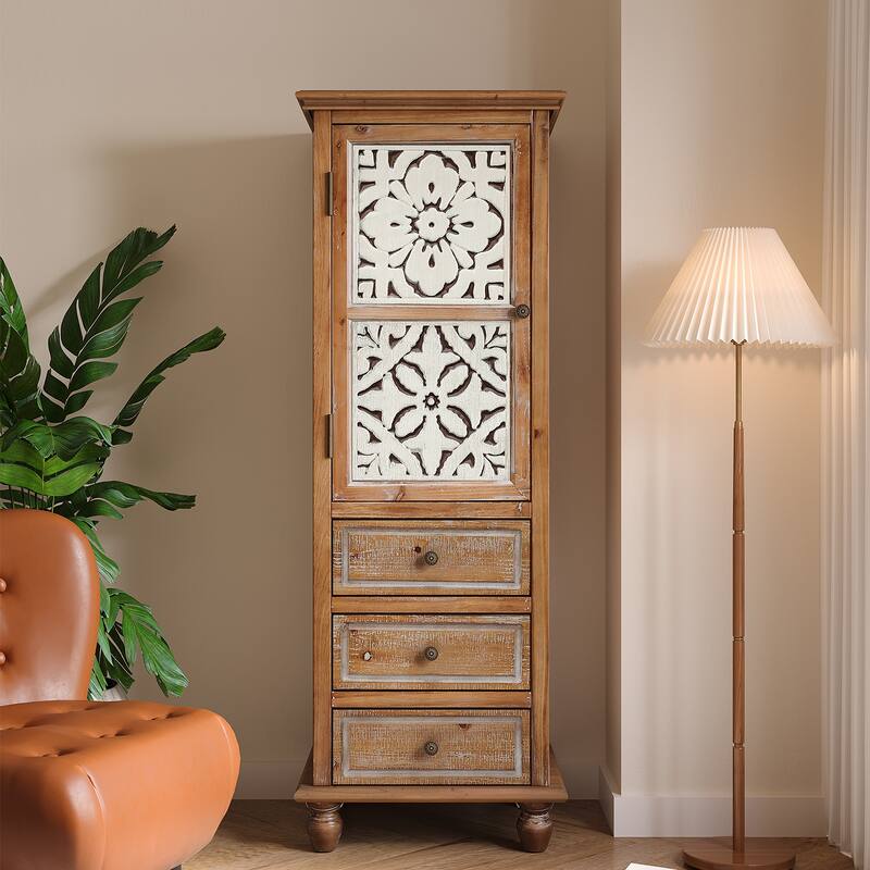 Rustic Wooden Storage Cabinet with Decorative Cutout Door & 3 Drawers, Tall Narrow Organizer for Living Room, Bedroom - Natural Wood