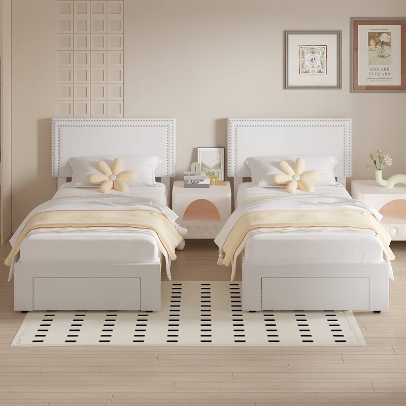 VECELO Upholstered Storage Bed Frames with 4 Storage Drawers, Platform Bed Frame with Adjustable Velvet Rivets Headboard