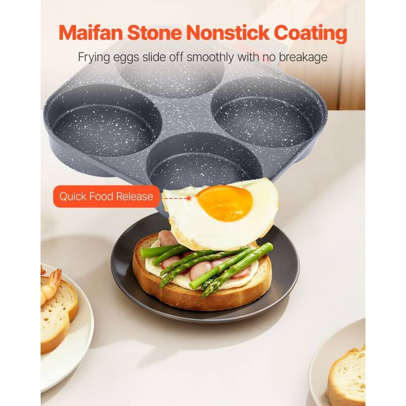 Black Aluminum Egg Pan 4-Hole with Maifan Stone Coating and Lid - 14.69 x 7.48 x 2.09 in