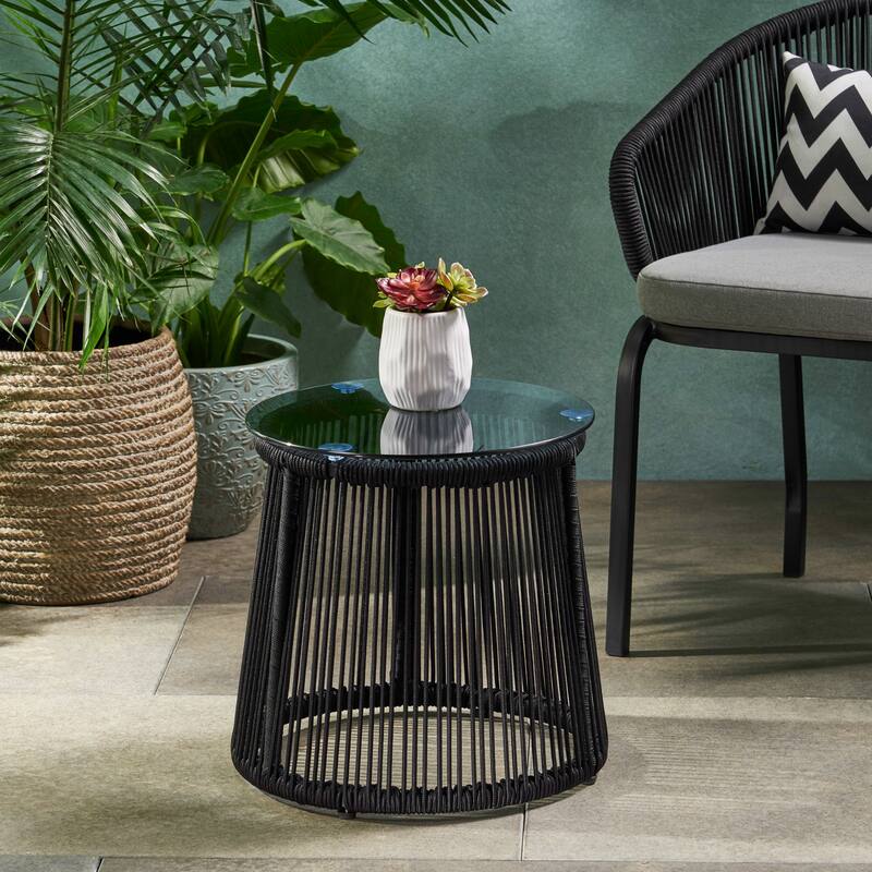 Moonstone Modern Outdoor Rope Weave Side Table with Tempered Glass Top by Christopher Knight Home - Black