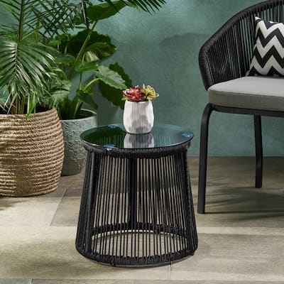 Moonstone Modern Outdoor Rope Weave Side Table with Tempered Glass Top by Christopher Knight Home