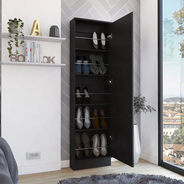 Shoe Rack, Mirror, Five Interior Shelves, Single Door Black