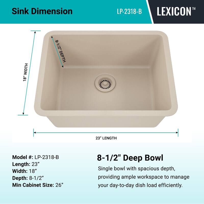 Lexicon Undermount Quartz 23 Inch Single Bowl Kitchen Sink Kit