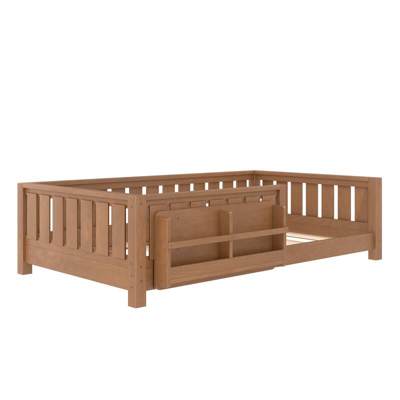 Montessori Floor Bed Low Profile Kids Bed with Rails & Bookshelf