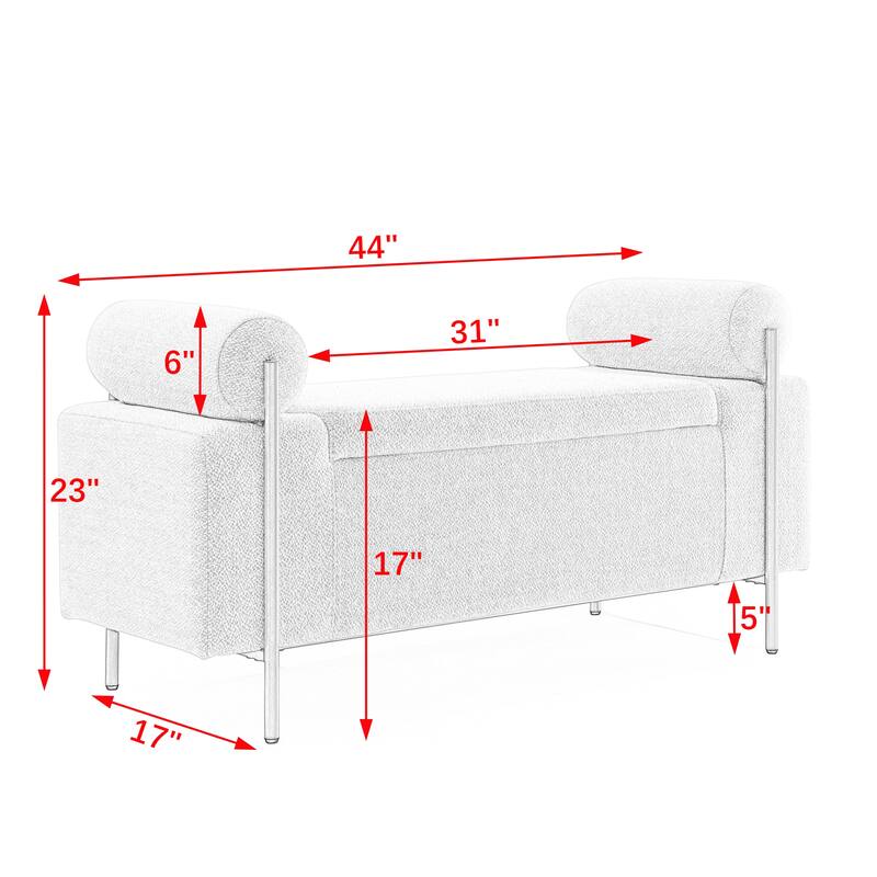 Elegant Upholstered Linen Storage Bench with Cylindrical Arms and Iron Legs for Hallway Living Room Bedroom