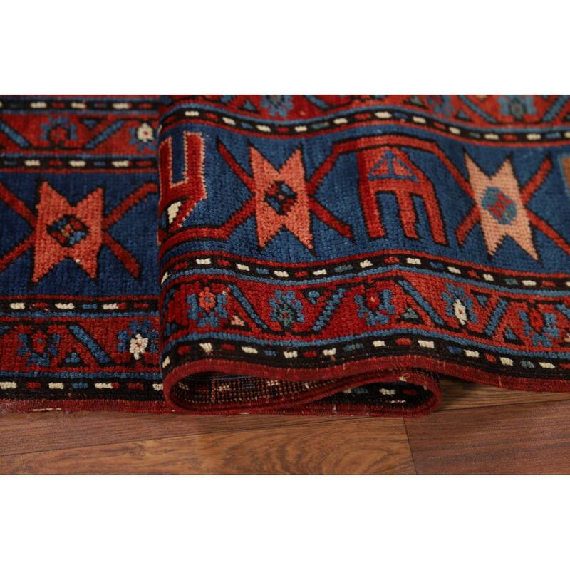 Orange & Blue Kazak Vegetable Dye Vintage Rug Hand-Knotted Wool Carpet - 5'4" x 8'1"