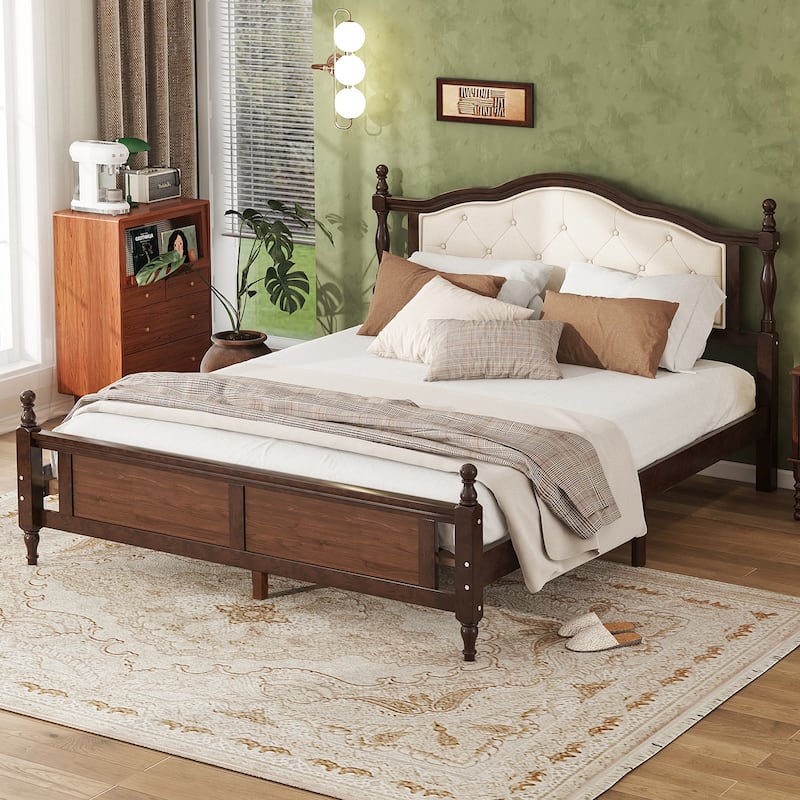 Queen Pine Wooden Bed with Upholstered Headboard and Panel Footboard, Walnut