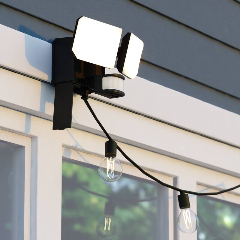 VAXCEL 2-Head Black Motion Sensor Dusk to Dawn Outdoor Security Flood Light with GFCI Outlet , Adjustable LED Heads