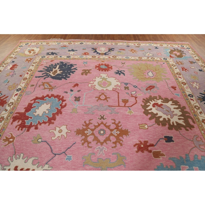Pink Floral Oushak Oriental Large Area Rug Hand-Knotted Wool Carpet - 11'9" x 14'8"