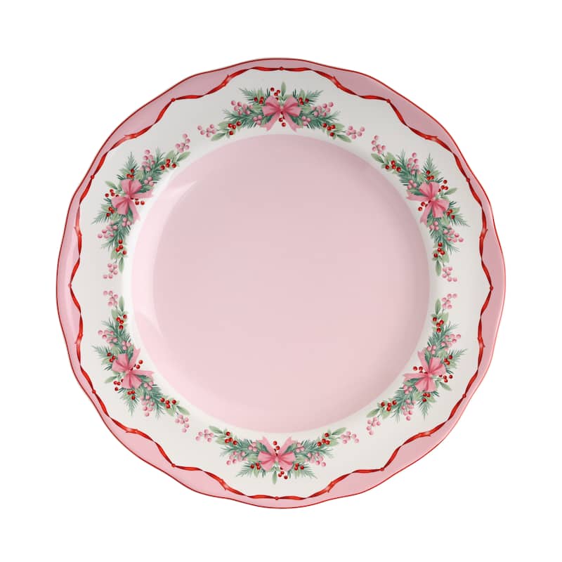 222 Fifth Pinkmas 12-Piece Porcelain Dinnerware Set for 4, White/Pink Christmas Ceramic Dishes