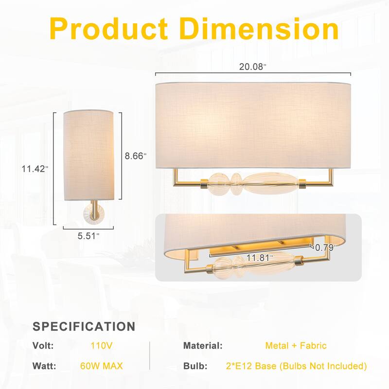 2-Light Wall Sconce Half-Open Linen Shade Striped Glass Globe Accent