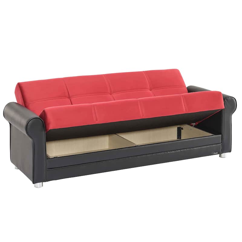HomeRoots 89" Black And Burgundy Faux Leather And Velvet Convertible Futon Sleeper Sofa With Toss Pillows And Storage