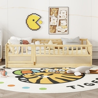 Twin Floor Bed, Children's Floor Bed Frame, Montessori Wooden Children's Floor Bed with Natural Wood Support Slats