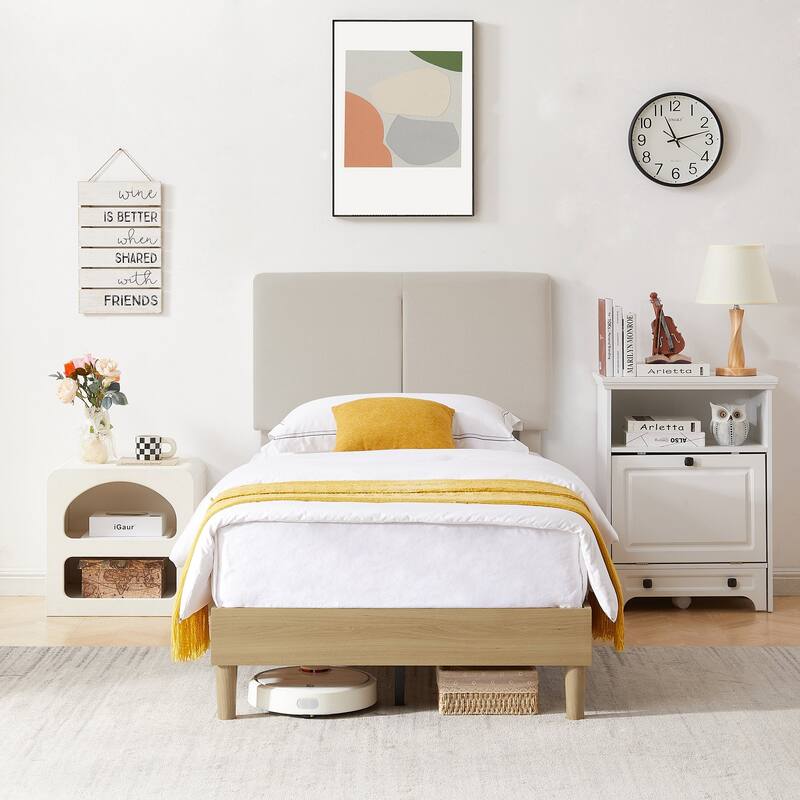 Javlergo Upholstered Bed Frame with Linen Fabric Adjustable Headboard, Strong Wood Slats Supports, No Box Spring Needed
