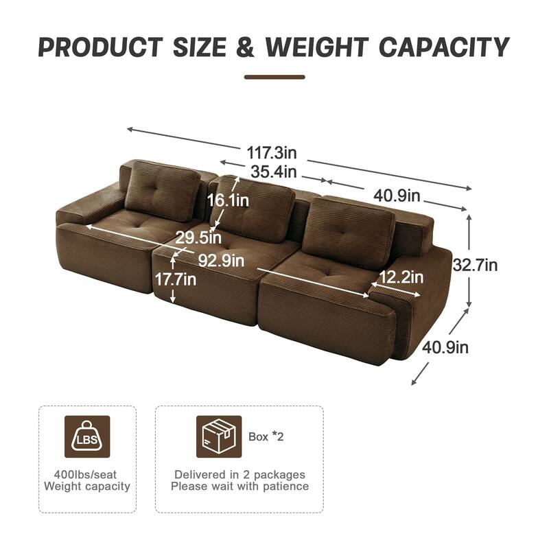 117" Floor Corduroy 3-Seater Sectional Sofa Couch with Tufted Design