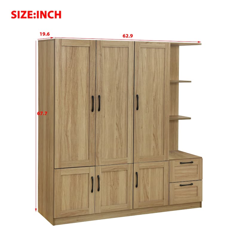 3 Doors Armoire Wardrobe Closet with 3 Side Shelves 2 Drawers, Wooden Bedroom Armoires with Hanging Rod for Bedroom