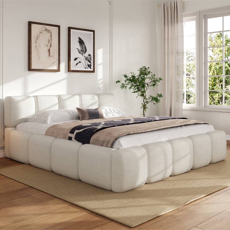 Block Bread-shape Grounded Bed Boucle Upholstery Platform Bed - White - King
