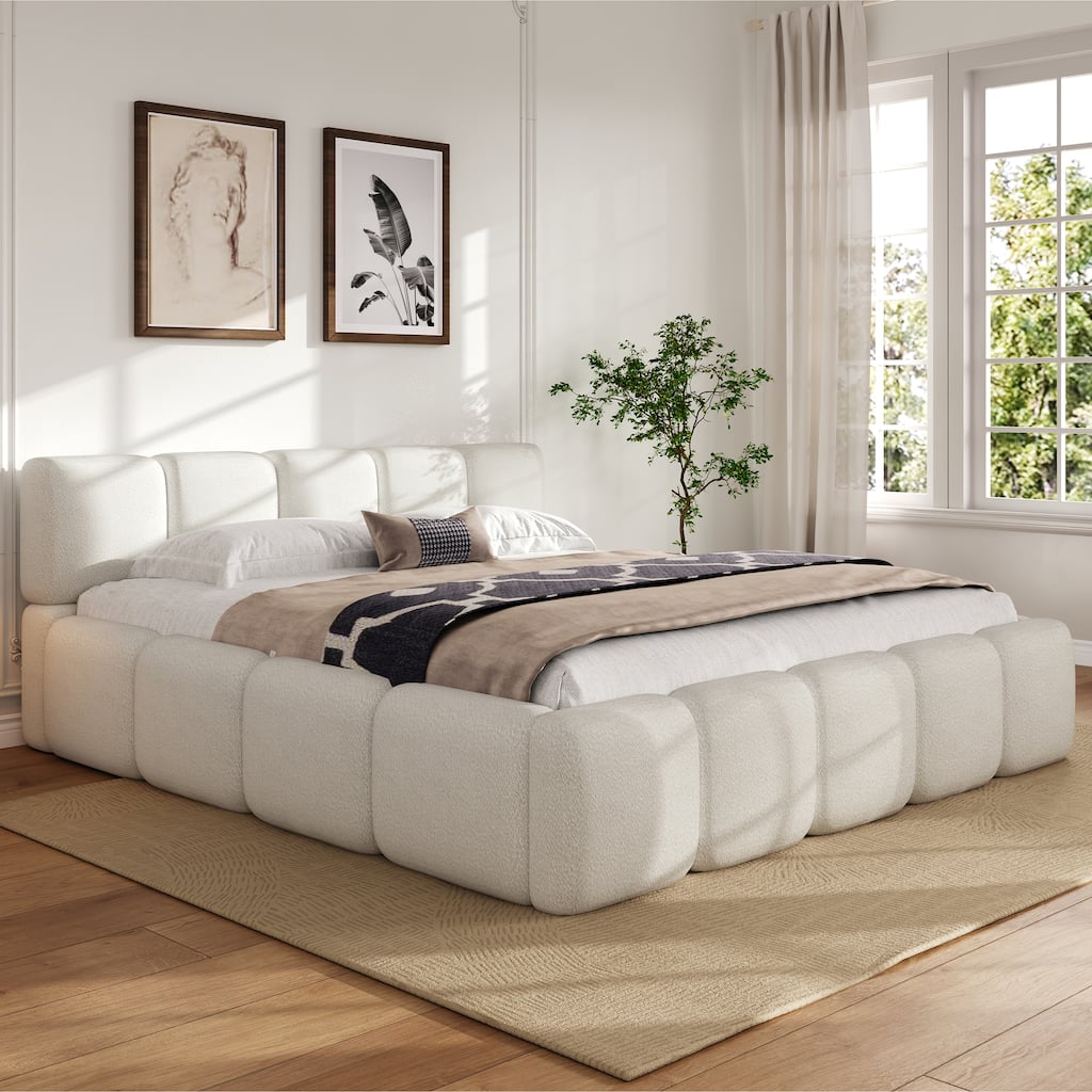 King Size Platform Bed with Boucle Upholstered Thick Headboard & Footboard, Block Style Design, White Finish