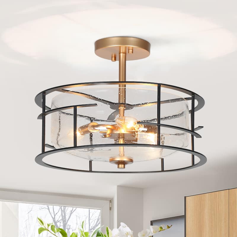 Zelena Modern Farmhouse 3-Light Black Gold Glass Bowl Semi-flush Mount Ceiling Lights - Seeded Glass