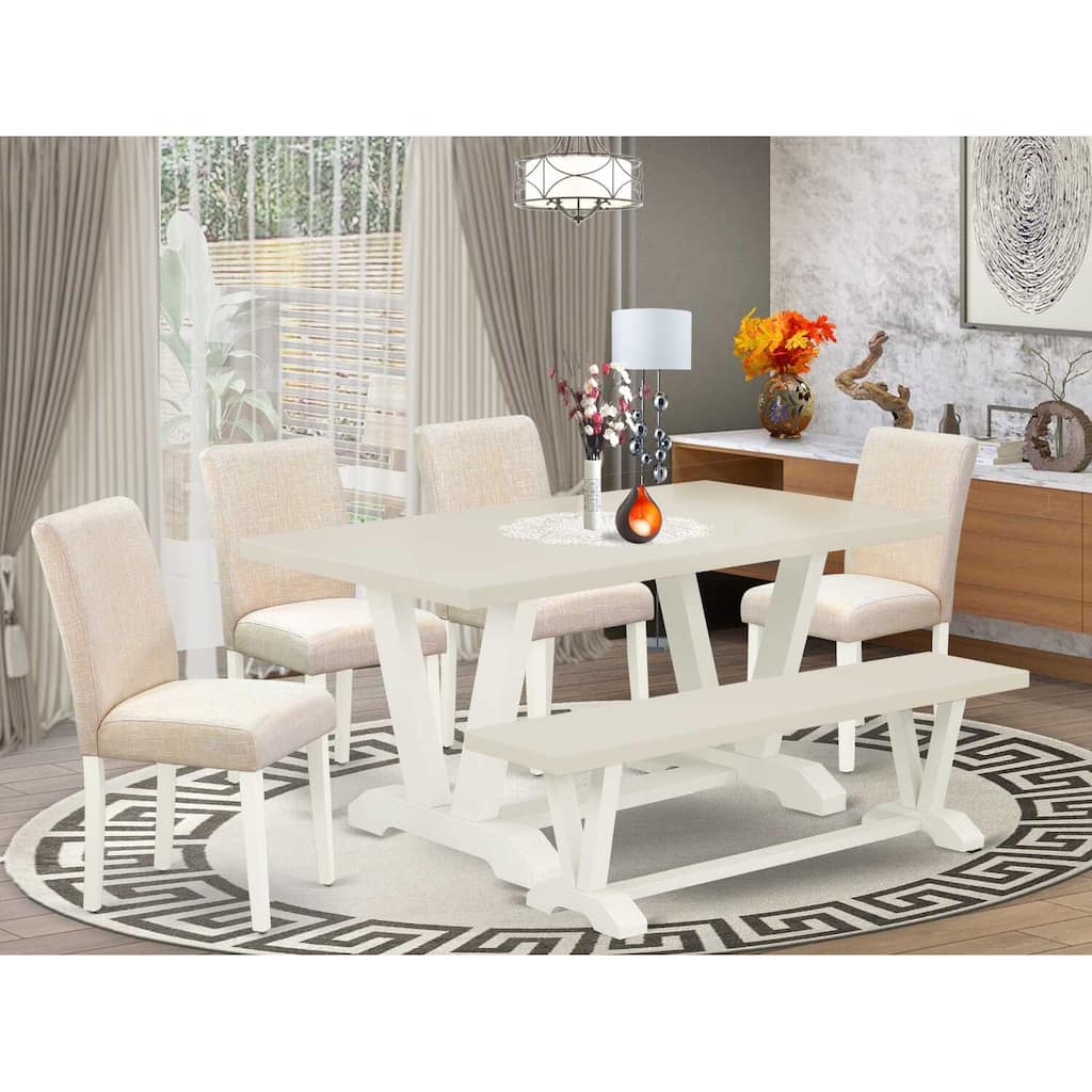 HomeStock 6-Pc Rectangle Natural Oak Finish Solid Wood Top Dining Table with 1-Bench, 4-Chairs