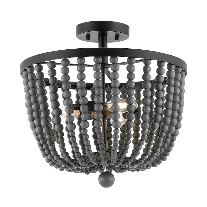 Dune Wood Bead 16" 3-Light Bohemian Farmhouse Iron LED Semi Flush Mount, Oil Rubbed Bronze/Grey by JONATHAN Y