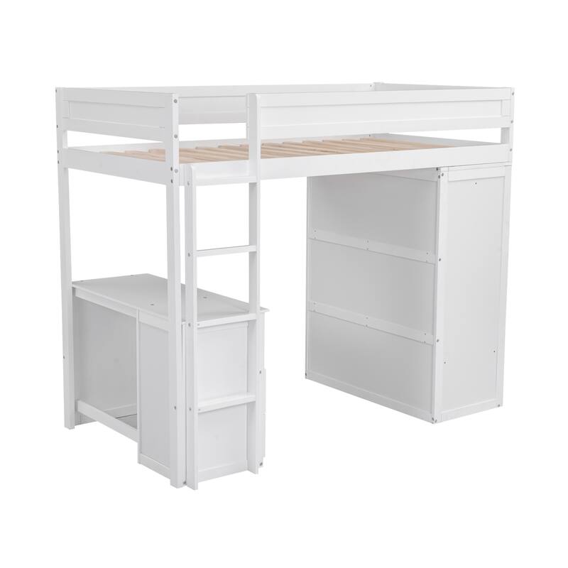 Wood Twin Size Loft Bed with Wardrobes and 2-Drawer Desk with Cabinet, Gray