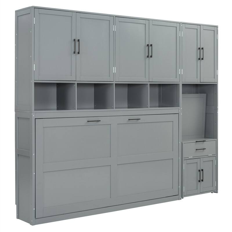 Twin Size Murphy Bed with Closet, Desk and Storage Shelves, Space Saving Design Murphy Bed Cabinet with Open Storage