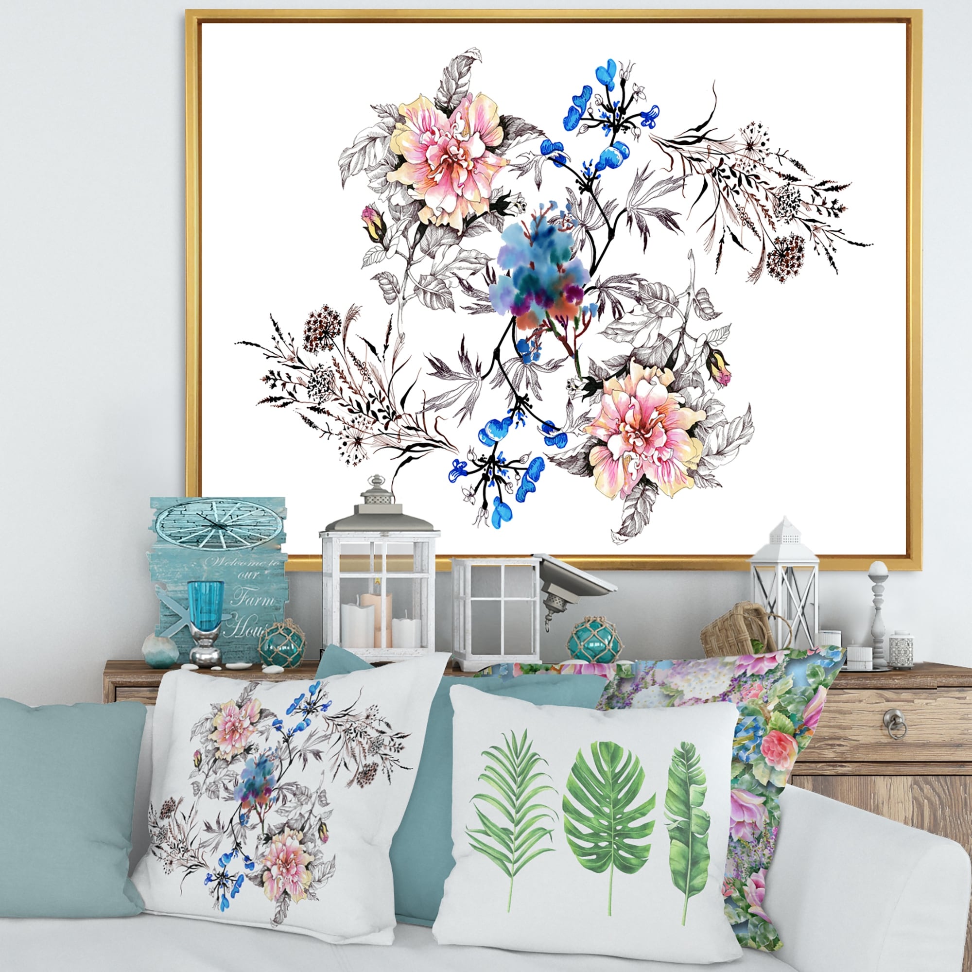 Designart 'Blue and Pink Wildflowers' Traditional Framed Canvas Wall Art Print