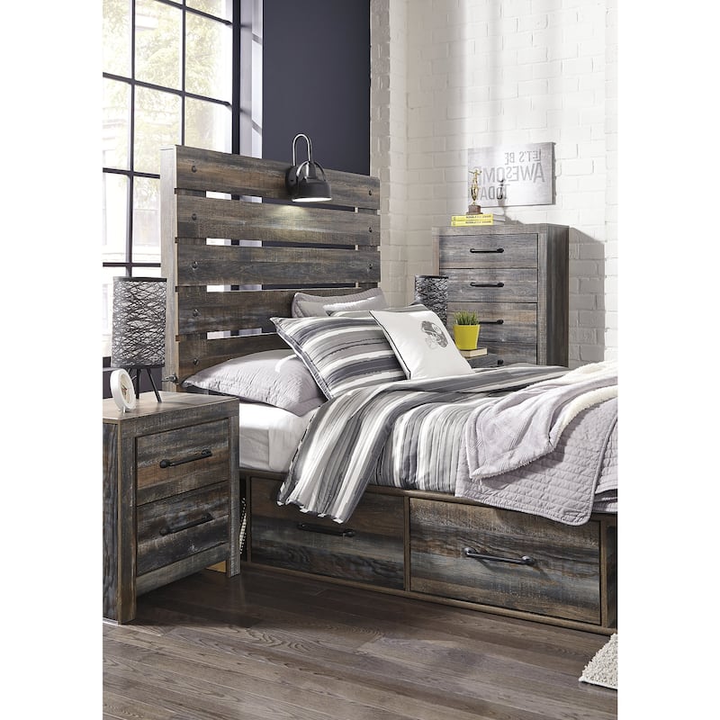 Drystan Rustic Brown Panel Bed with 2 Under Bed Storage Drawers