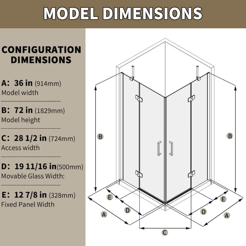 Modland 36x36x72 Inch Corner Shower Door - Auto-Fold Design, 1" Adjustable, Chrome Frame, SGCC Glass - 36''x 72''