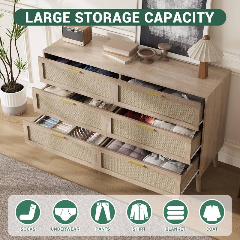 6 Drawer Rattan Dresser, 47.2" x 15.7" x 29.5" Rattan Chest of Dressers, Mid Century Modern Dresser for Closet with Handles