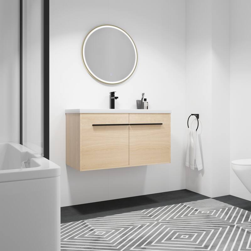 Fully Assembled Black 36 Inch Bathroom Vanity with Ceramic Countertop Sink, Oak 2 Doors Bathroom Cabinet Set