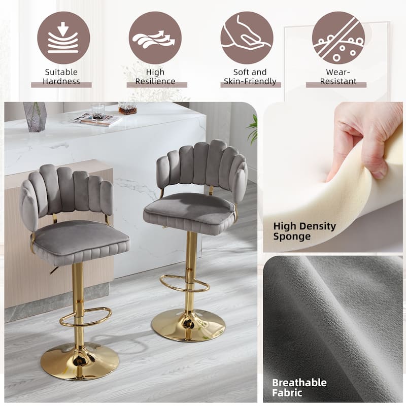HOMEFUN Velvet Swivel Adjustable Height Scallop Bar Stools With Footrest(set of 2)