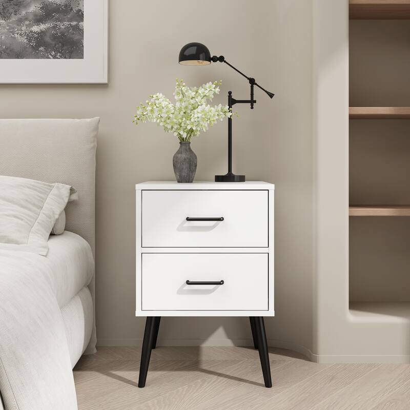 Anmytek 2-Drawer White Nightstand Modern Bedside Table with Metal Legs and Handles