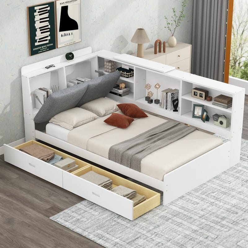 Wood Twin Size platform bed with Storage Headboard, Shelves and 2 Drawers