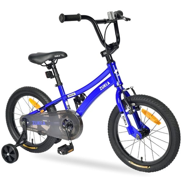 slide 2 of 5, 16 Inch Blue Kids' Bicycle, Kids Bike with Training Wheels and Height-adjustable Saddle & Handlebar for Boys Age 4-7 Years Blue - 5-7 Years