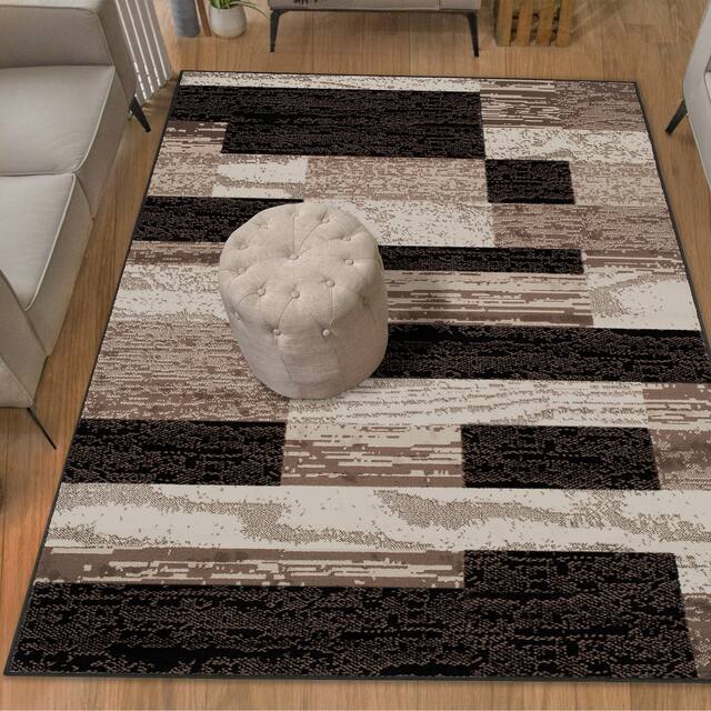 Miranda Haus Geometric Modern Patchwork Polypropylene Indoor Area Rug - 6' x 9' - Chocolate