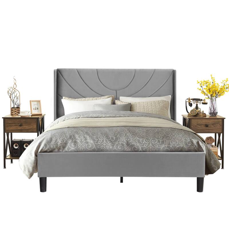 VECELO Bedroom Sets 3-pieces Bedroom Set with Height Adjustable Upholstered Bed and Nightstands Set of 2